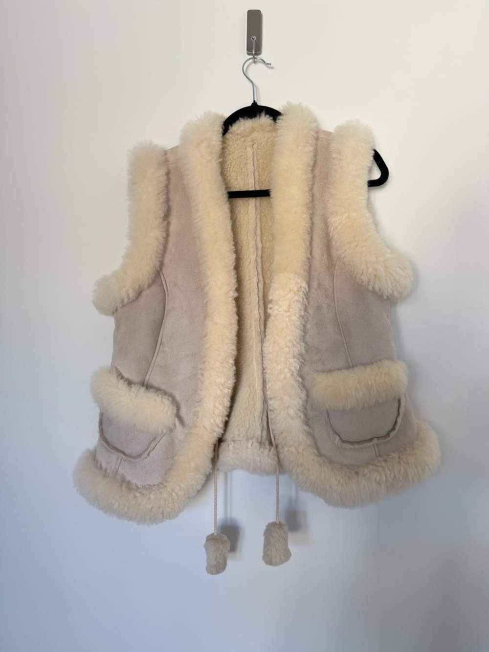 Cream Genuine Shearling Vest with Plush Trim